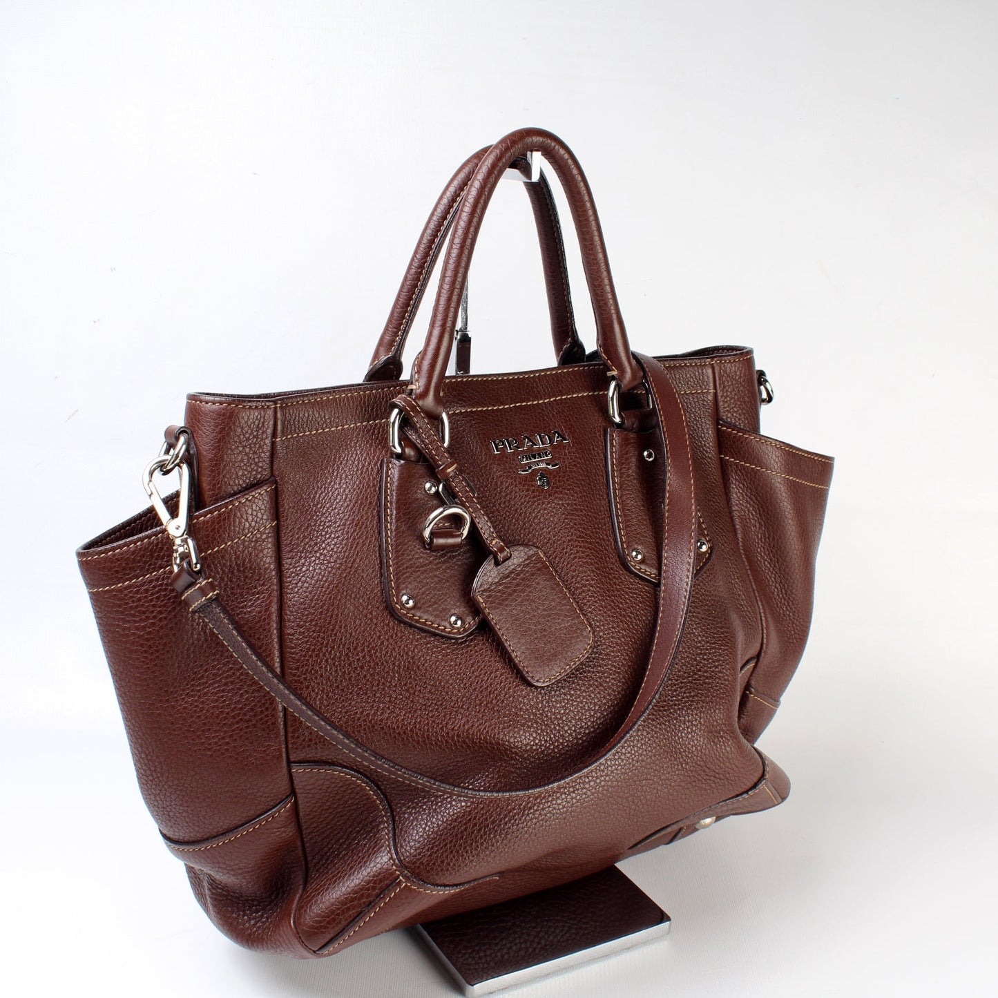 Prada Vitello Daino Side Pocket Leather Tote Bag