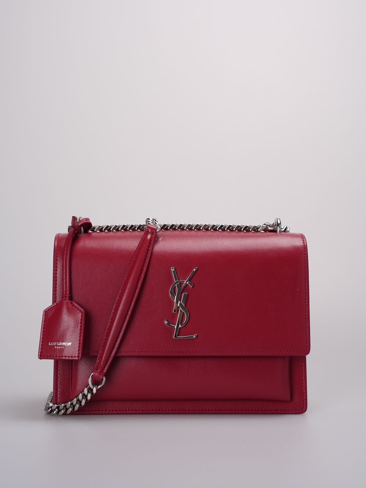 Saint Laurent Calfskin Medium Monogram Sunset shoulder bag in Rouge
