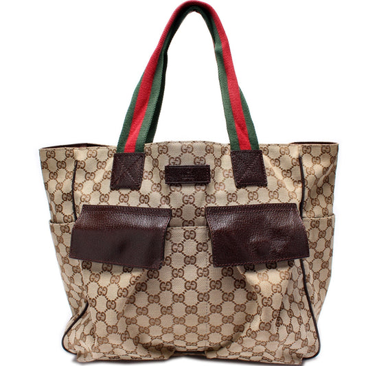Gucci 161836 GG Canvas Web Handle Double Pocket Tote Bag