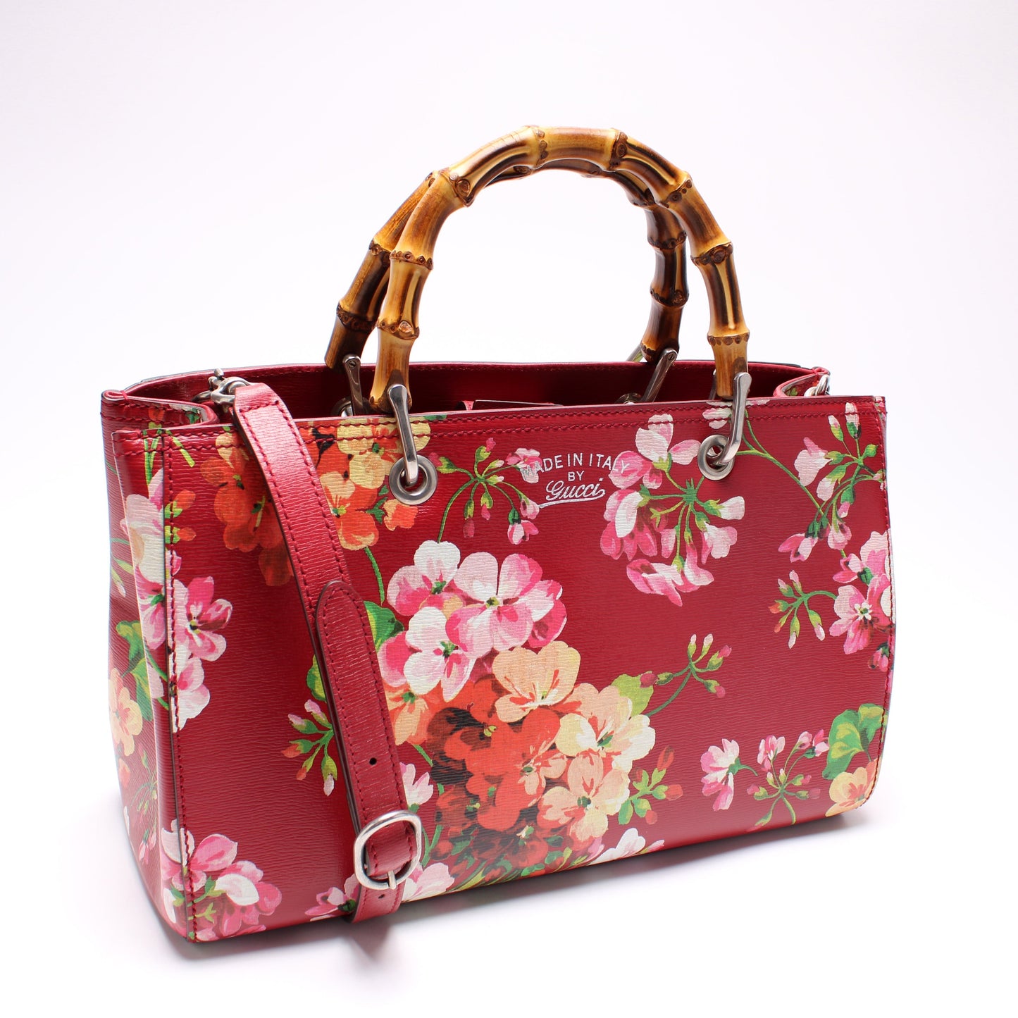 Gucci 323660 Blooms Leather Medium Bamboo Shopper Tote Bag