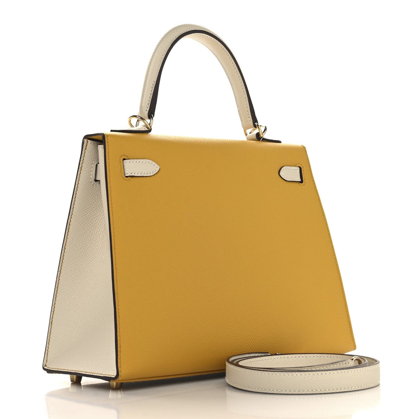 Hermes Epsom Bi-Color Horseshoe Kelly Sellier 25 Jaune Ambre Craie