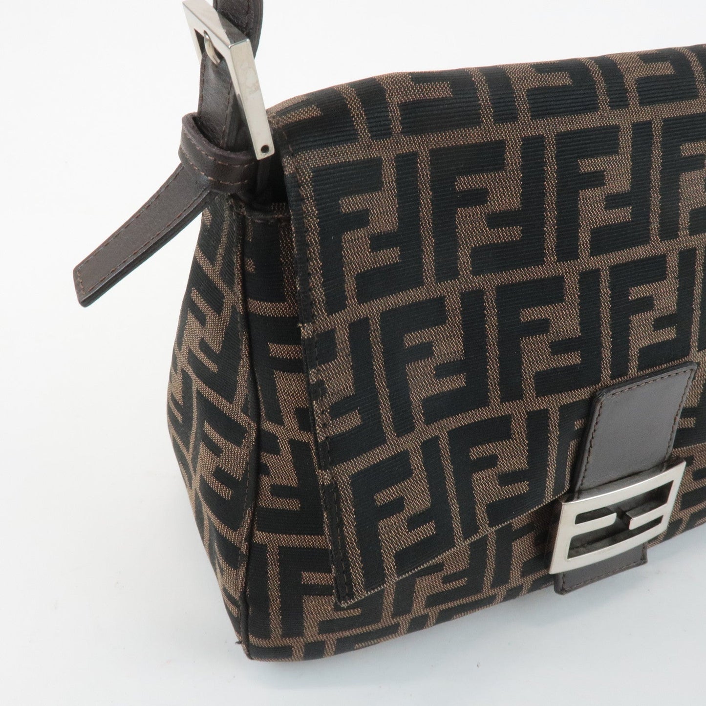 FENDI Mamma Baguette Canvas Leather Shoulder Bag Silver HDW 26325