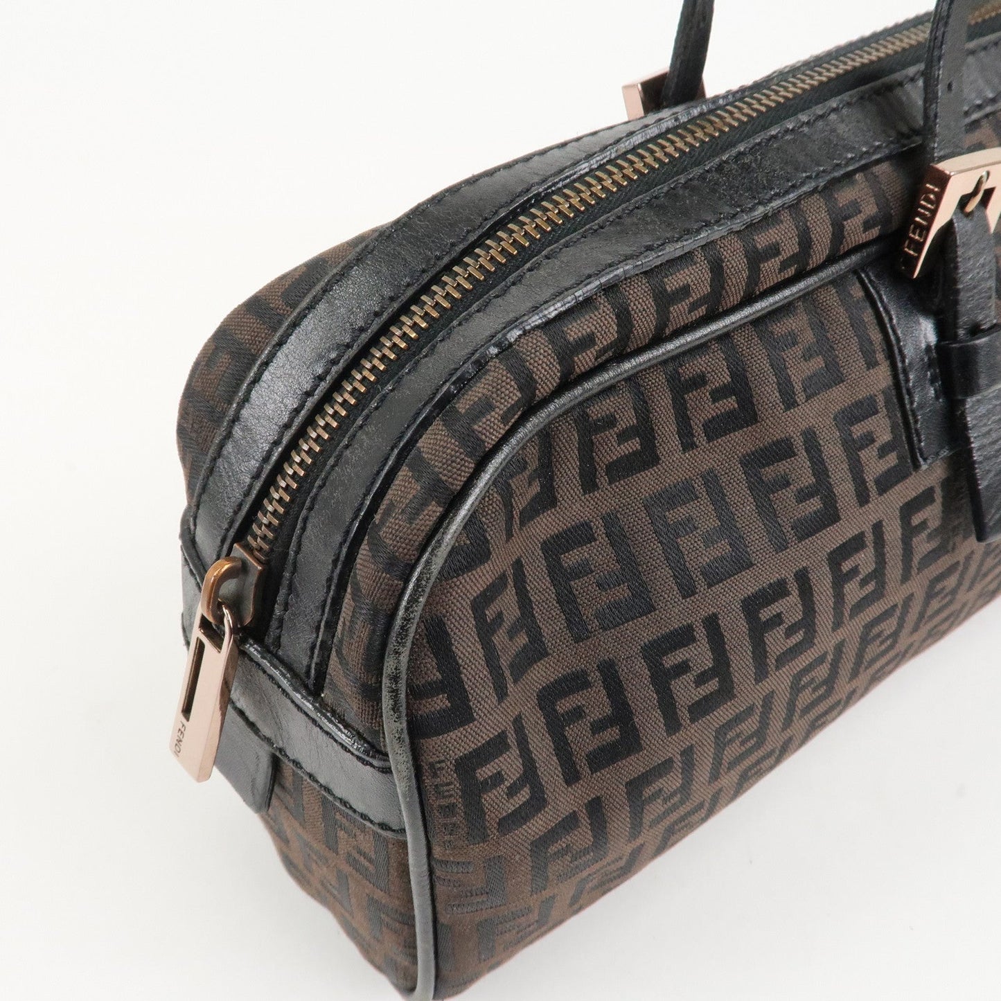 FENDI Zucchino Canvas Leather Hand Bag Brown Black 8BL006
