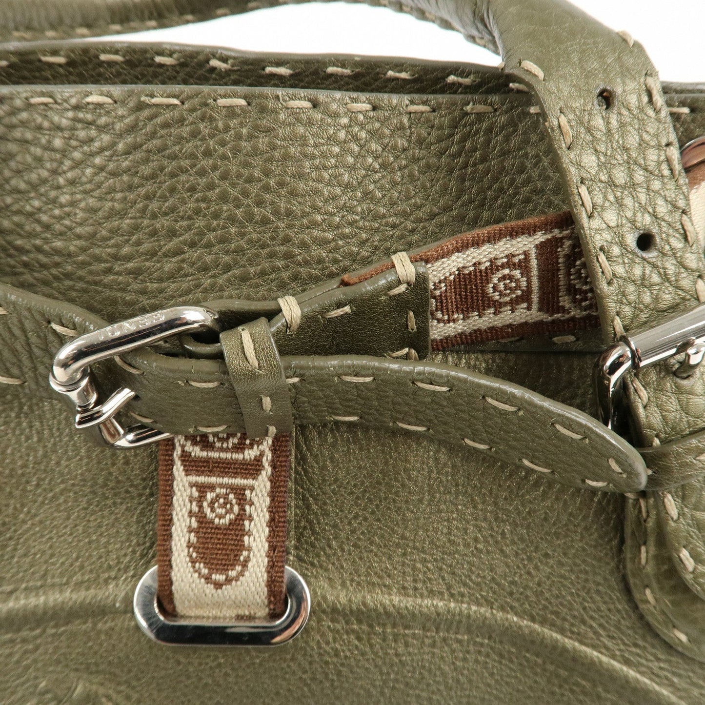 FENDI Selleria Leather Tote Bag Shoulder Bag Khaki 8BN155