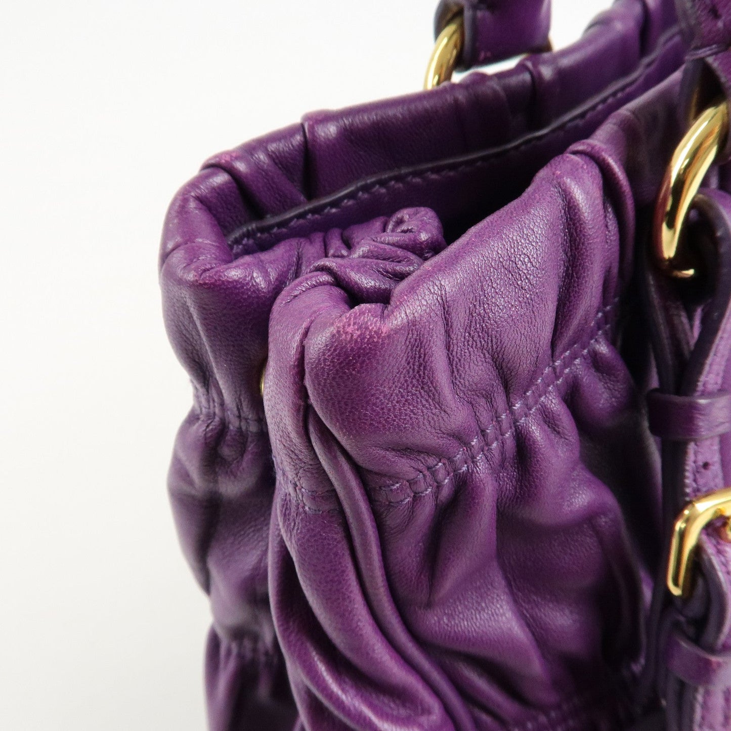 PRADA Leather Gathered Hand Bag Purple Gold Hardware BN2394