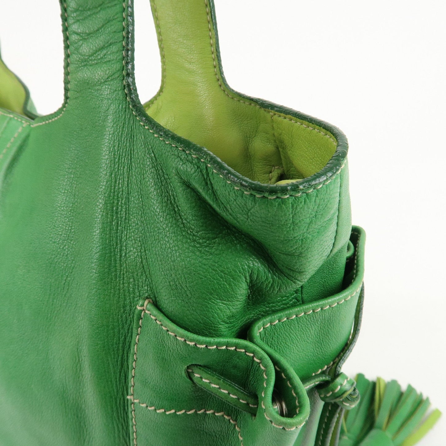 PRADA Logo Leather Tassel Shoulder Bag Hand Bag Green