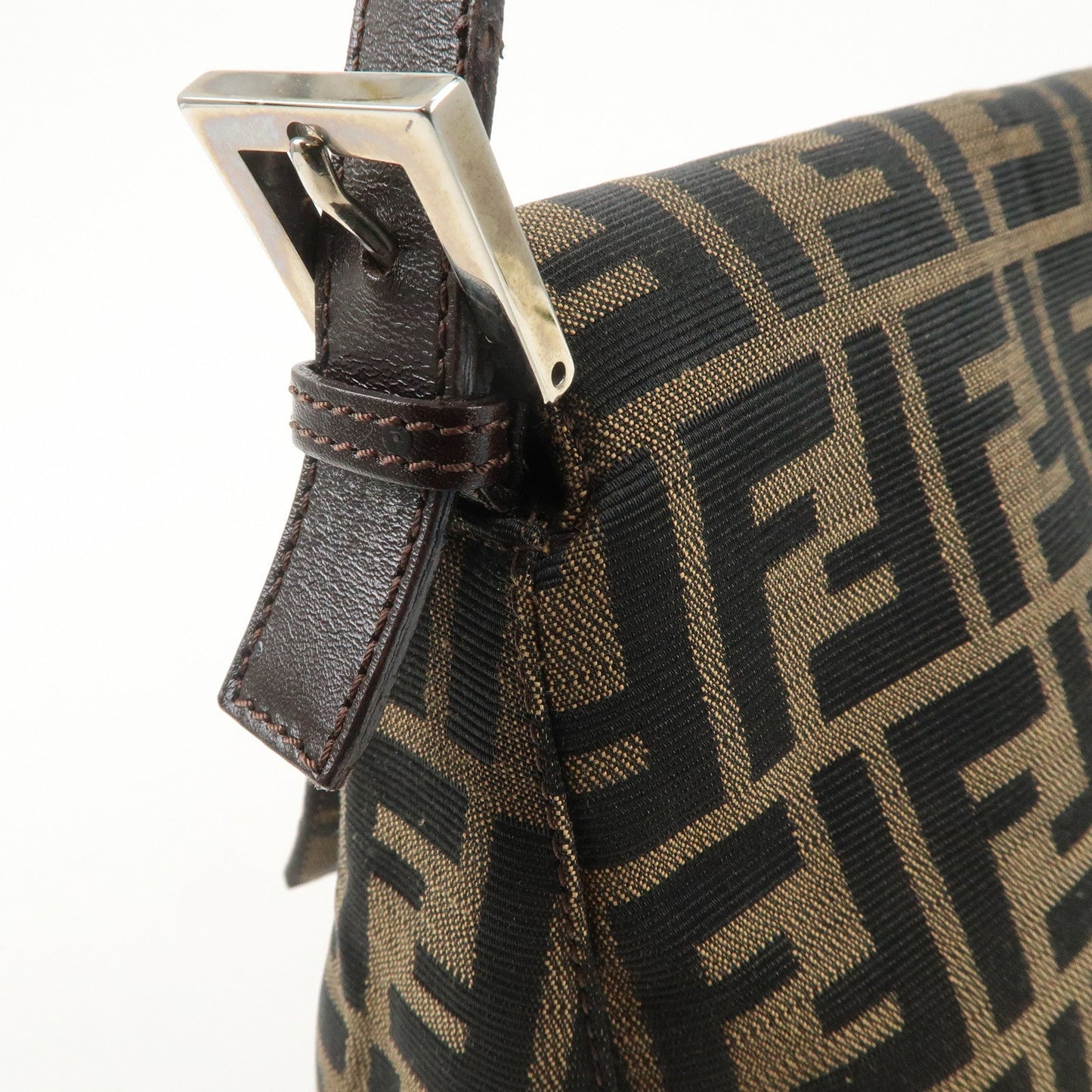 FENDI Mamma Baguette Canvas Leather Shoulder Bag Silver HDW 26325