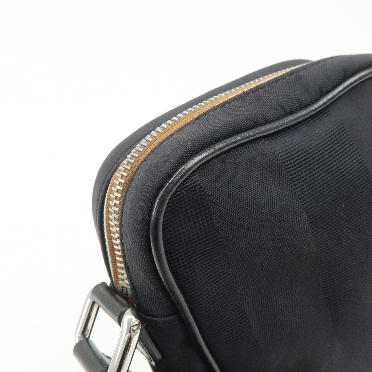 FENDI Pequin Nylon Leather Shoulder Bag Black 7VA456