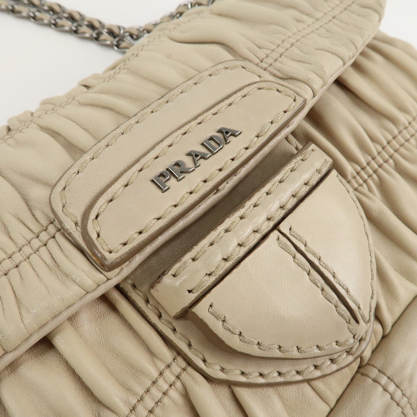 PRADA Leather Gathered Chain Shoulder Bag Ivory B4695C