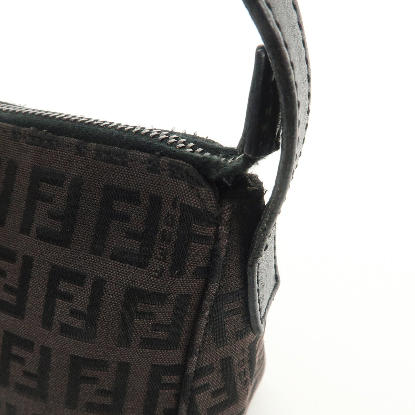 FENDI Zucchino Canvas Leather Shoulder Bag Dark Brown 8BR444