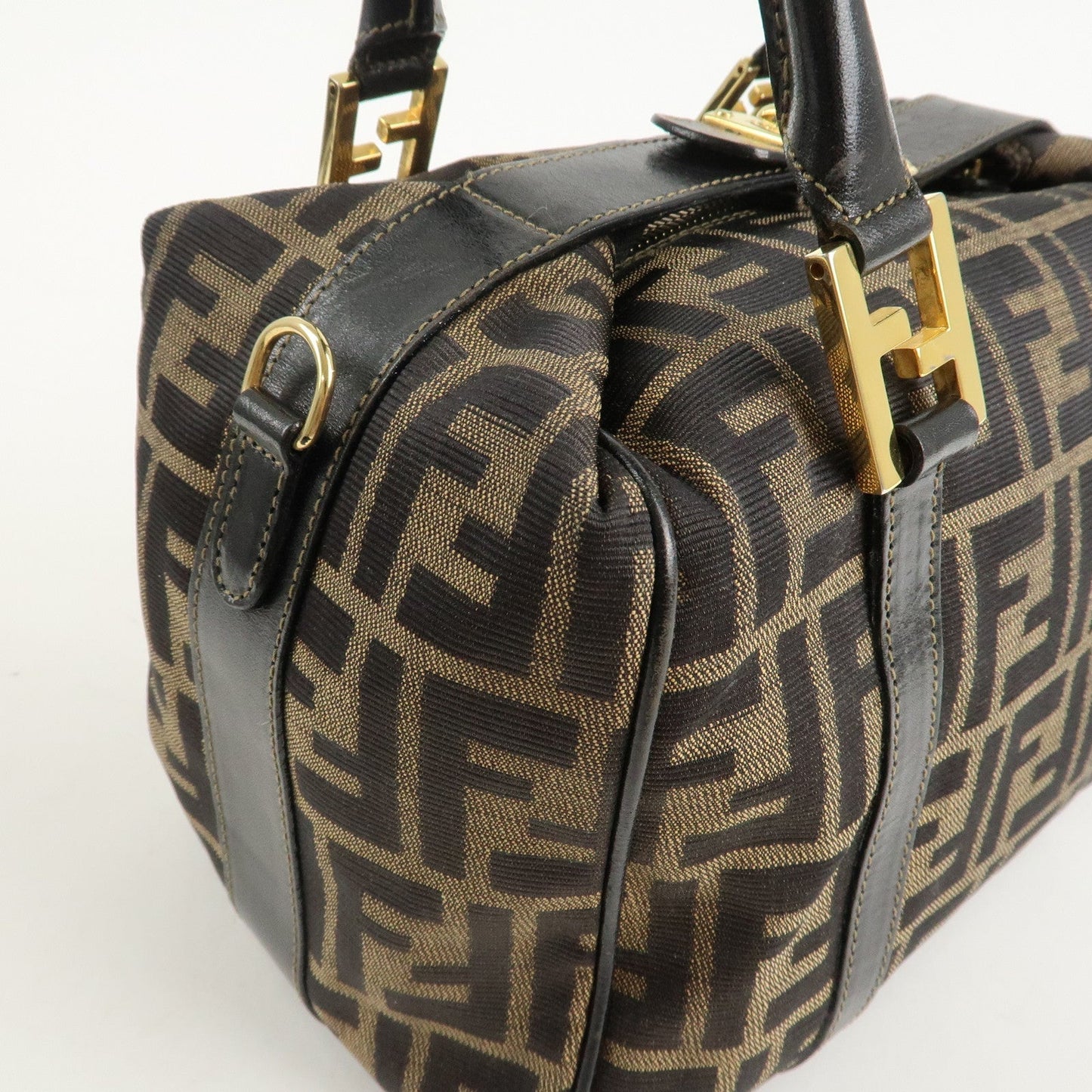 FENDI Zucca Canvas Leather Boston Bag Hand Bag Brown Black