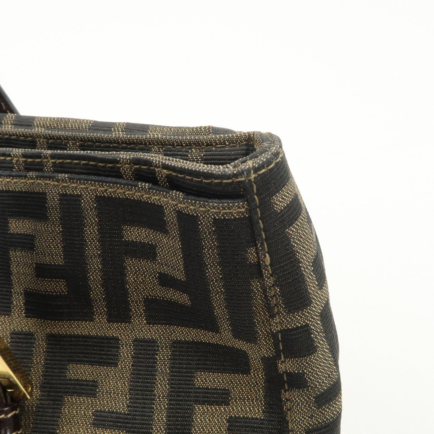 FENDI Zucca Canvas Leather Hand Bag Brown Black Gold Hardware