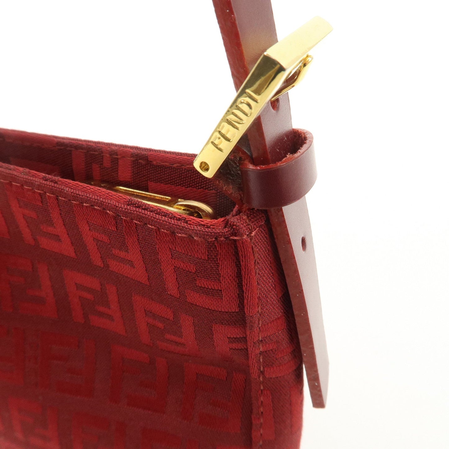 FENDI Zucchino Canvas Leather Shoulder Bag Purse Red 8BR042