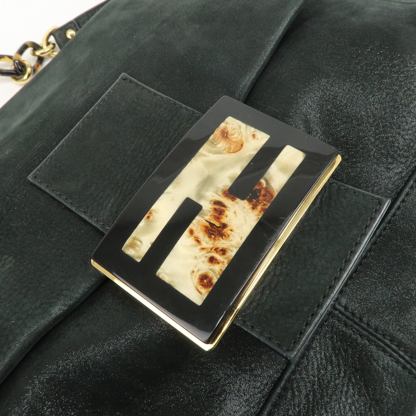 FENDI Mamma Baguette Leather Chain Shoulder Bag Gold Black 8BR638