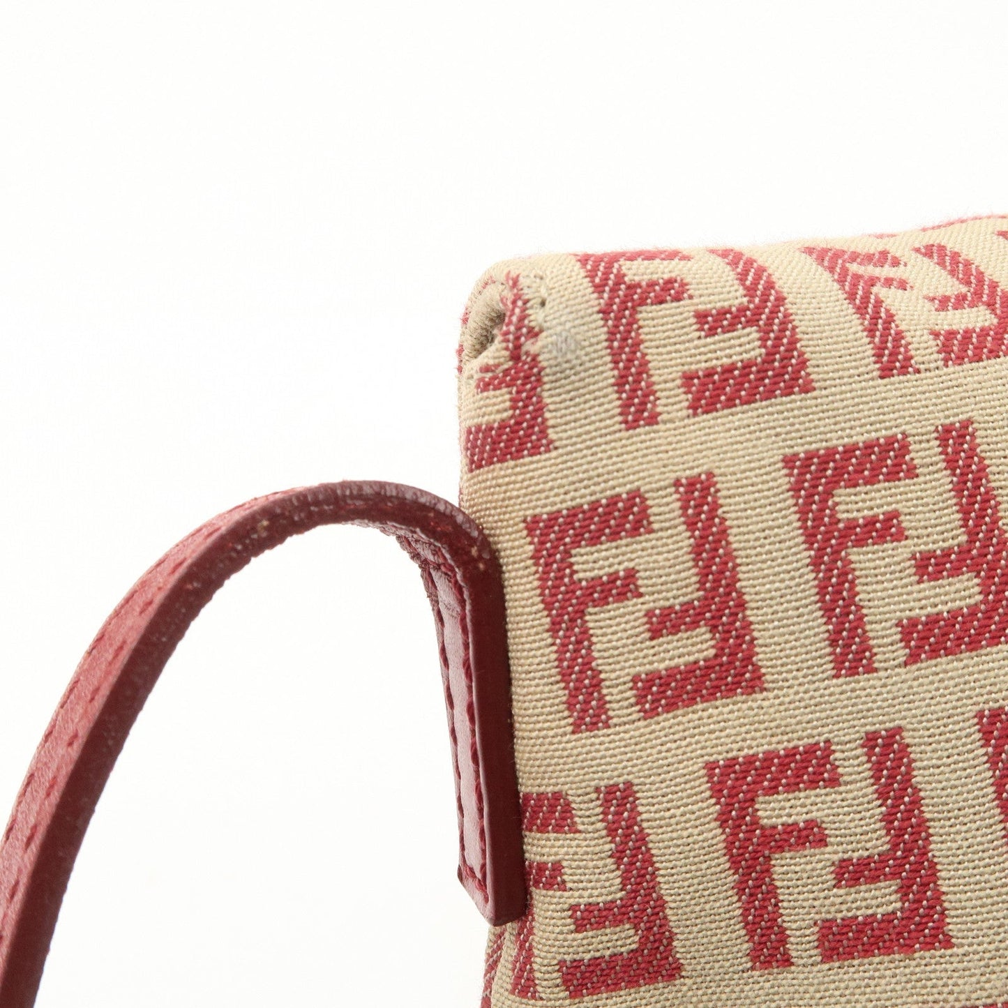 FENDI Zucchino Canvas Leather Shoulder Bag Beige Red 8BT075