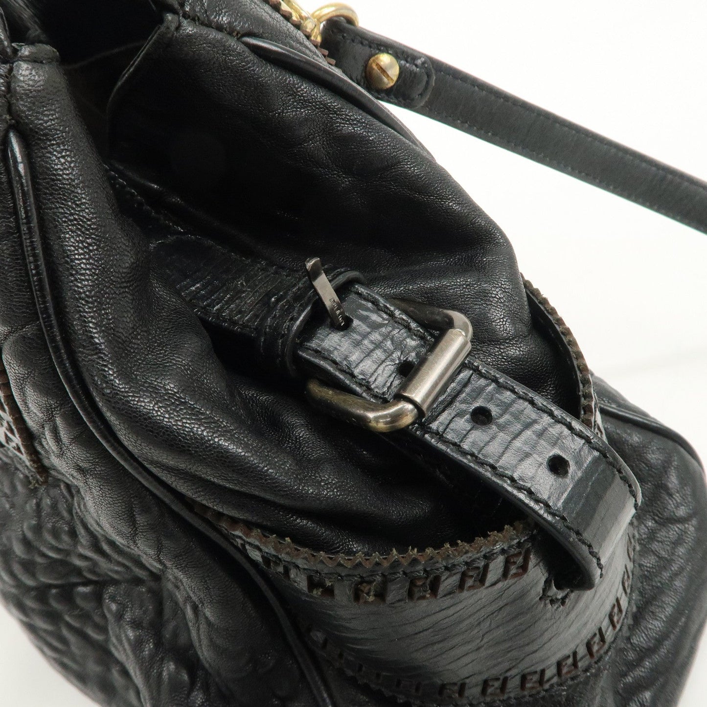 FENDI Ethnico Zucca Canvas Leather Shoulder Bag Black 8BN157