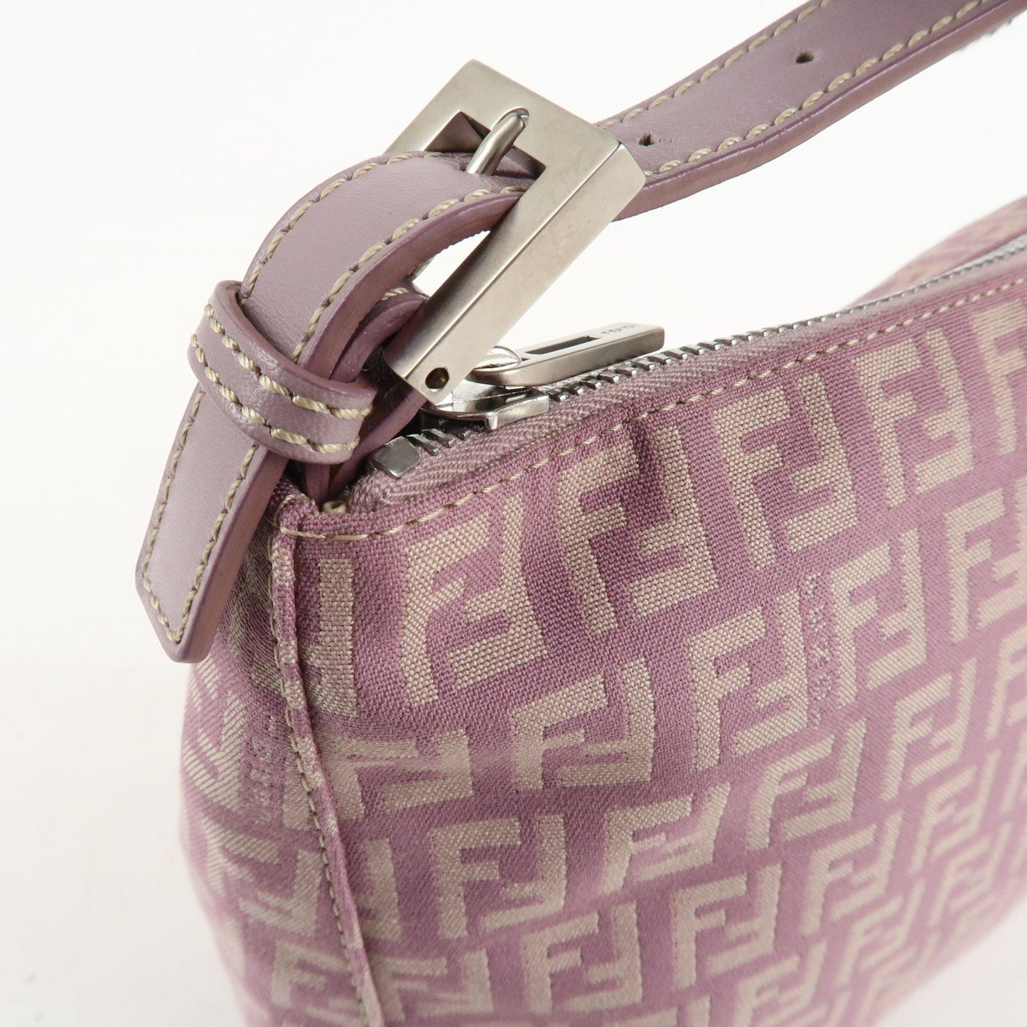 Auth FENDI  Zucchino Canvas Leather Hand Bag Pouch Purple Beige 8N0005  F/S