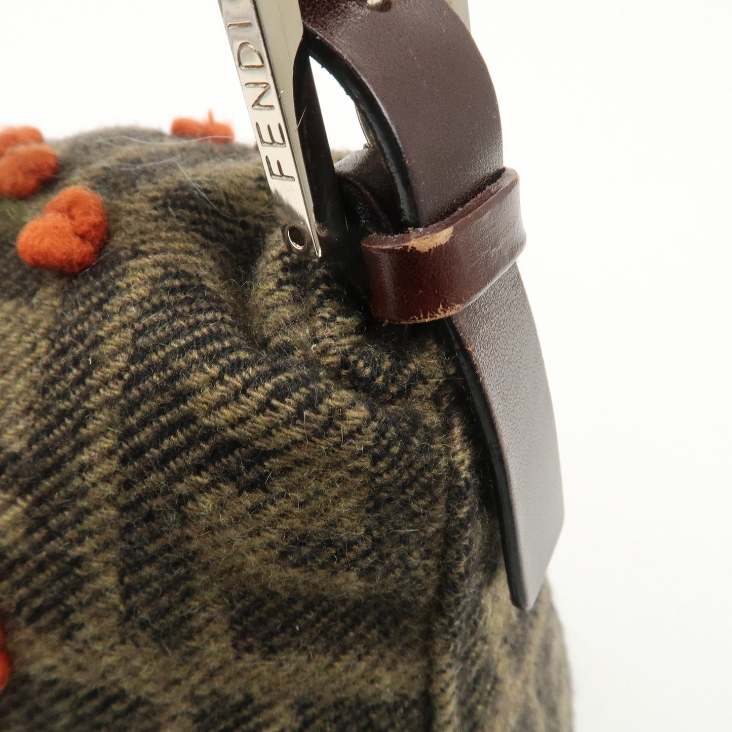 FENDI Mamma Baguette Wool Leather Shoulder Bag Tree Motif Khaki