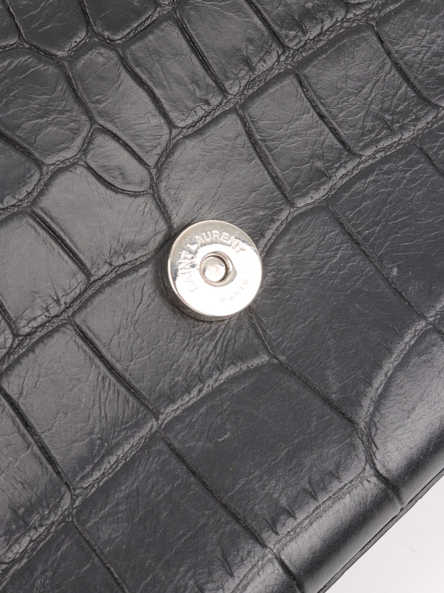 Saint Laurent Black Crocodile Embossed Chain Top Handle Kate Bag.