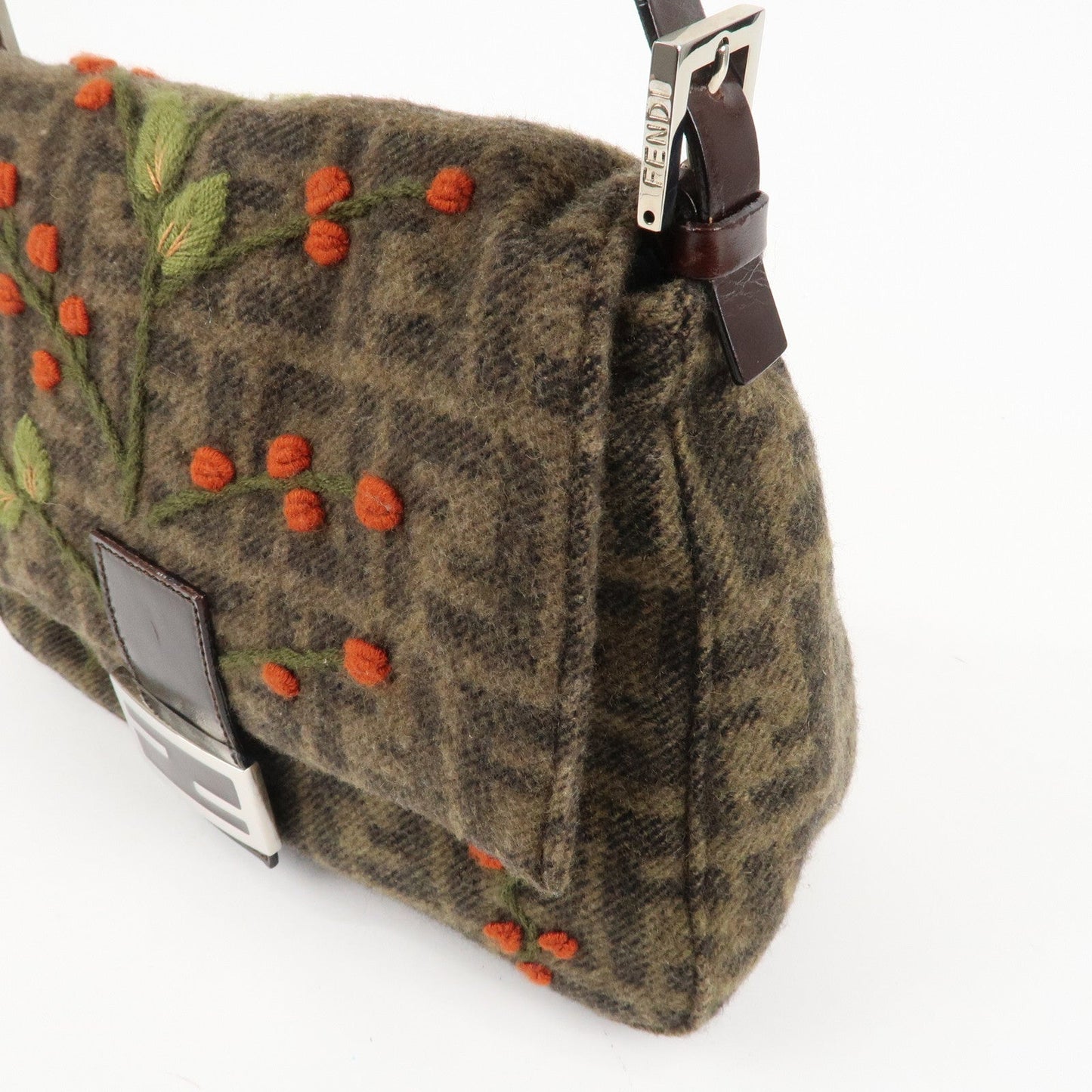 FENDI Mamma Baguette Zucca Wool Leather Shoulder Bag Flower