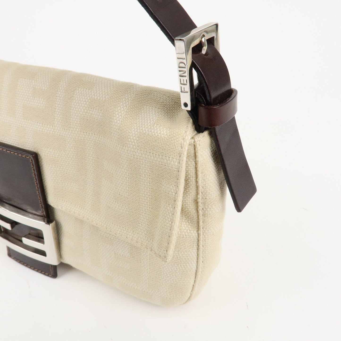 FENDI Mamma Baguette Zucca Canvas Shoulder Bag Beige White 26424