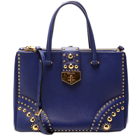 Prada Saffiano Turnlock Studded Double Zip Medium Bag