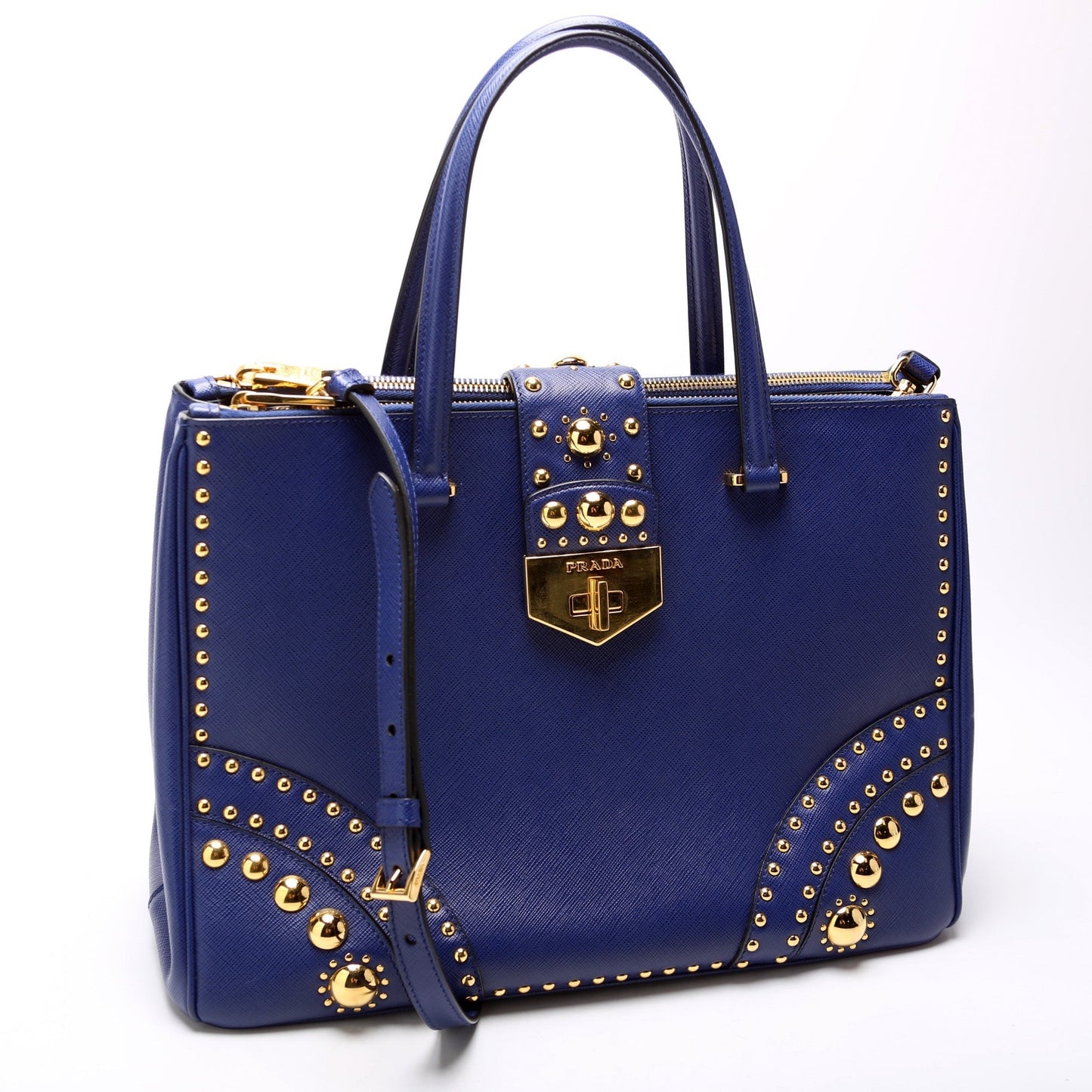 Prada Saffiano Turnlock Studded Double Zip Medium Bag
