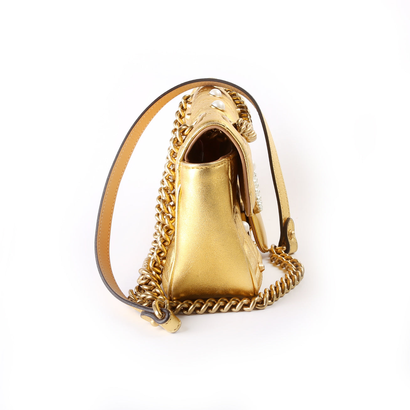 Gucci 446744 Marmont Pearl Stud Leather Shoulder Mini Flap Bag
