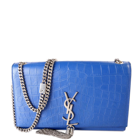 Saint Laurent Kate Tassel Satchel Medium Croc Embossed 354119 Blue Bag