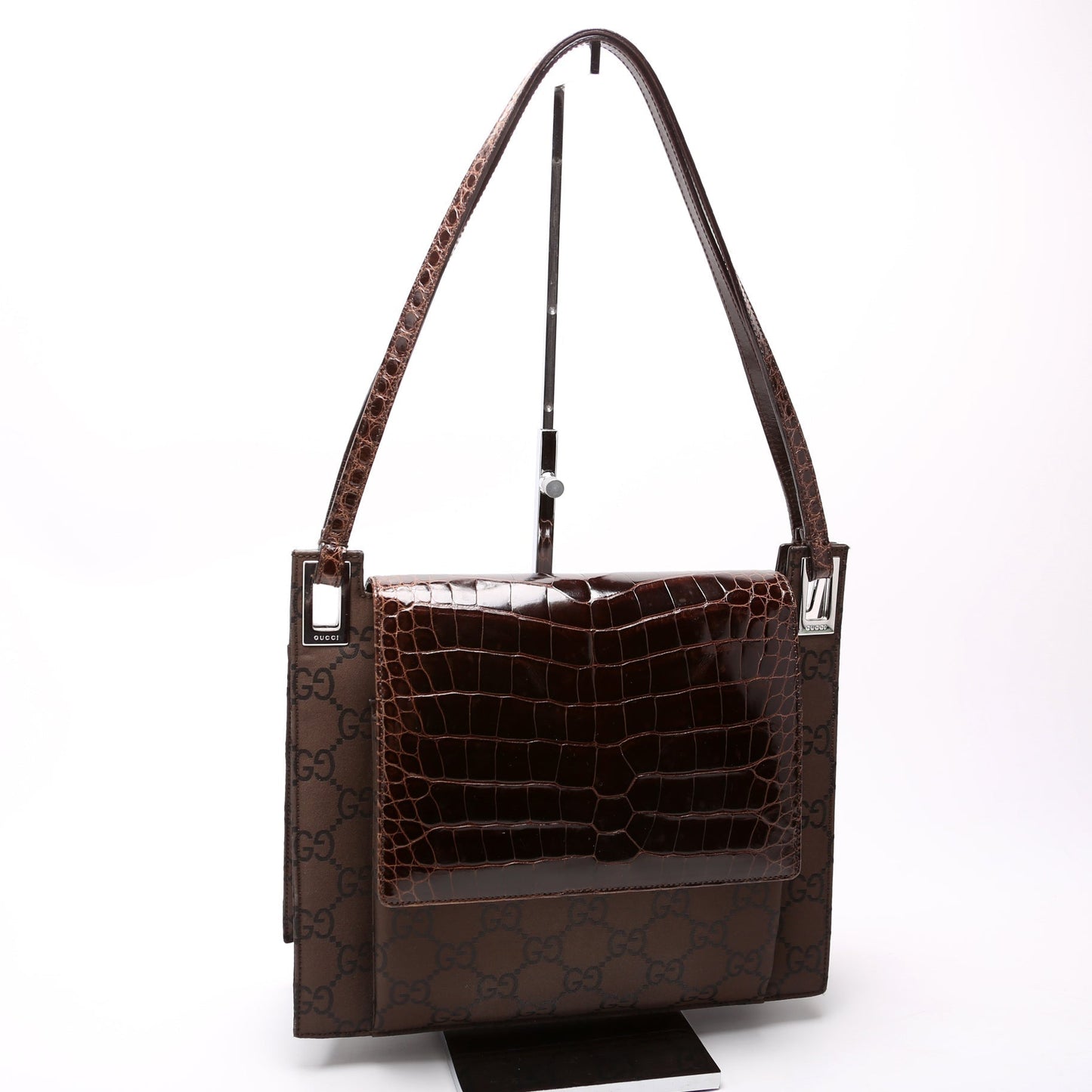 Gucci 001-3132 GG Nylon/Croc Embossed Flap Shoulder Vintage Brown Bag