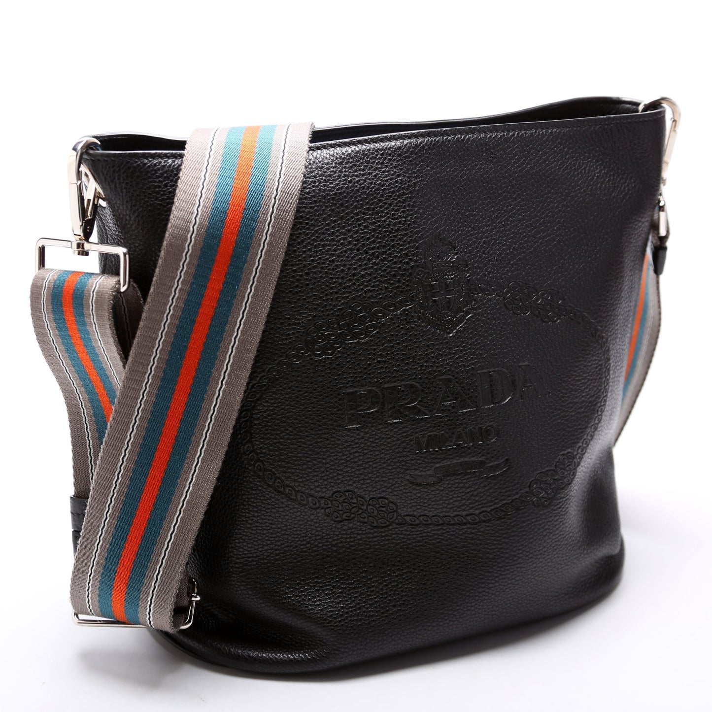 Prada 1BE057 Vitello Daino Phenix Bucket Black Bag