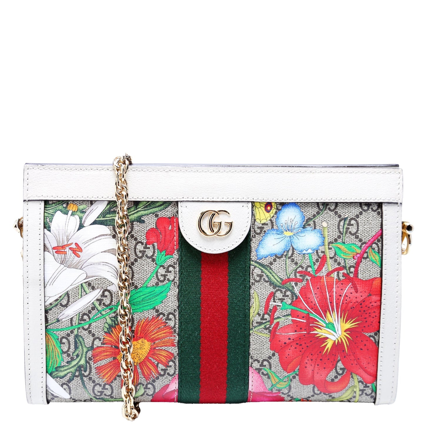 Gucci 503877 GG Supreme Flora Ophidia Small Chain White Bag