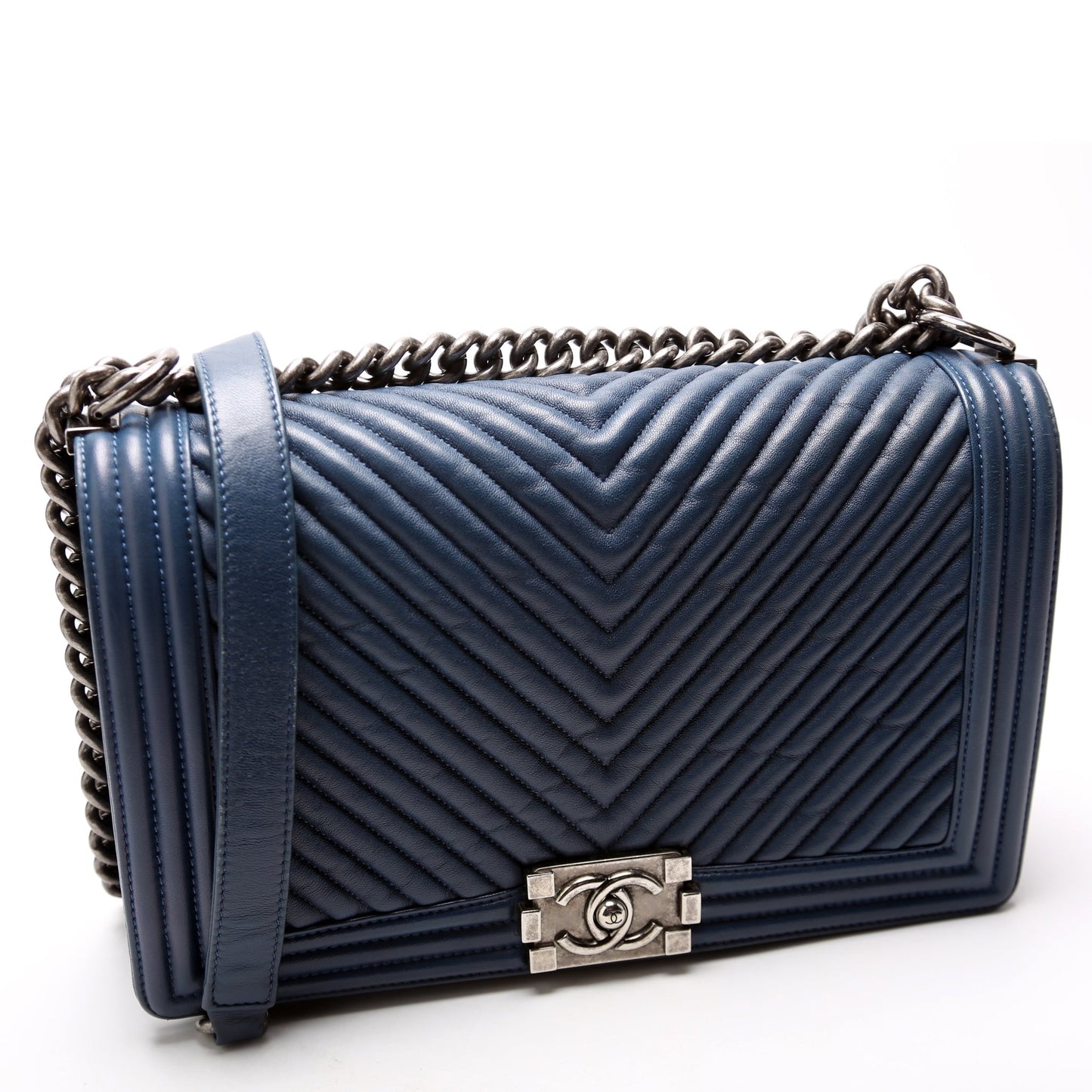 Chanel Boy Flap Medium Crinkle Chevron 20M Blue Bag