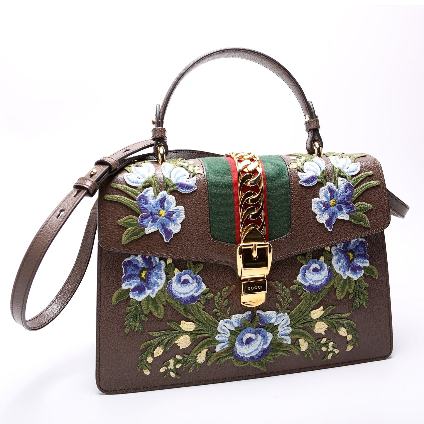 Gucci 431665 Sylvie Top Handle Embroidered Calfskin Medium Brown Bag