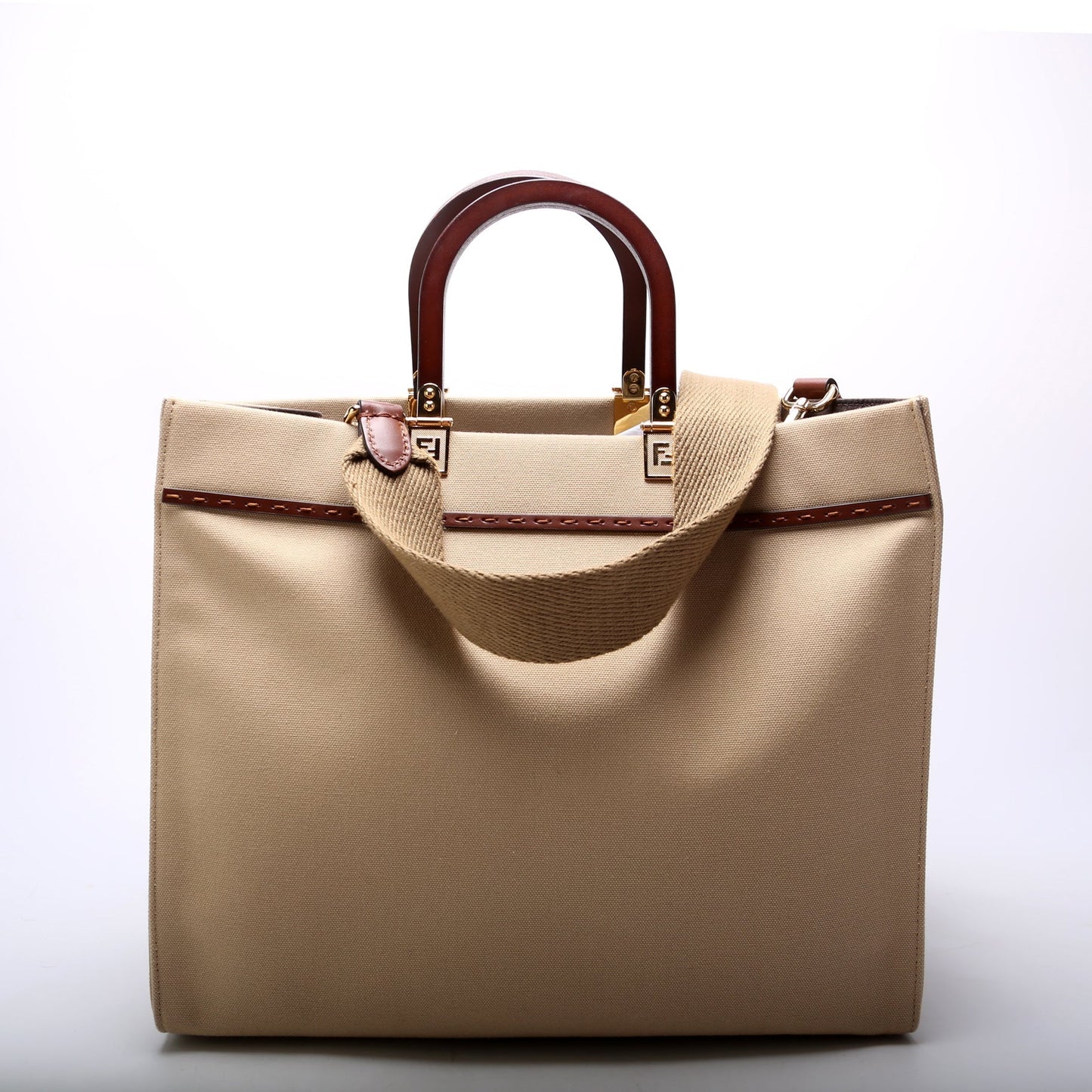 Fendi 8BH386 Sunshine Shopper Medium Canvas Tan Bag