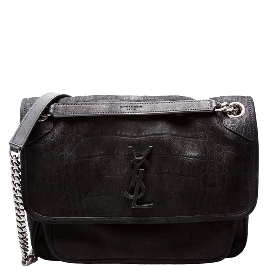 Saint Laurent Crocodile Embossed Nubuck Niki Medium Satchel Black Bag