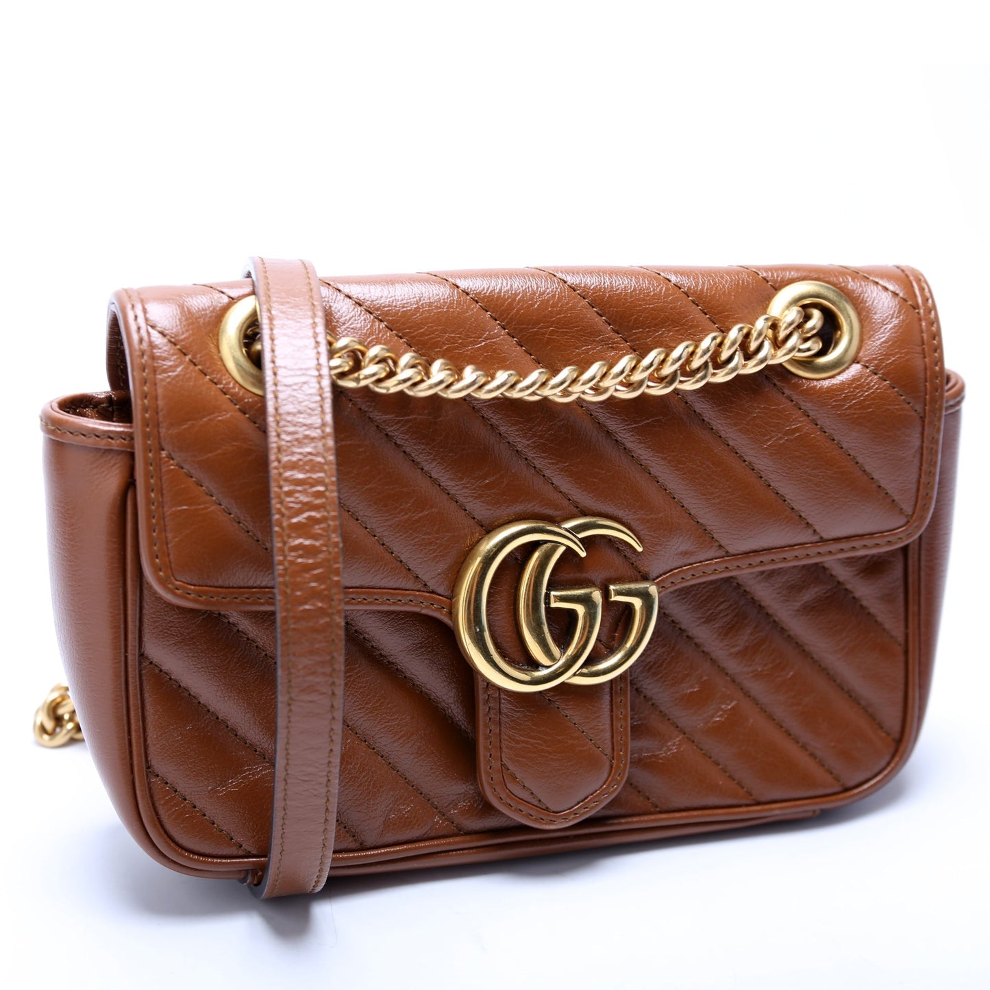 Gucci 446744 Marmont Diag Leather Shoulder Mini Flap Brown Bag