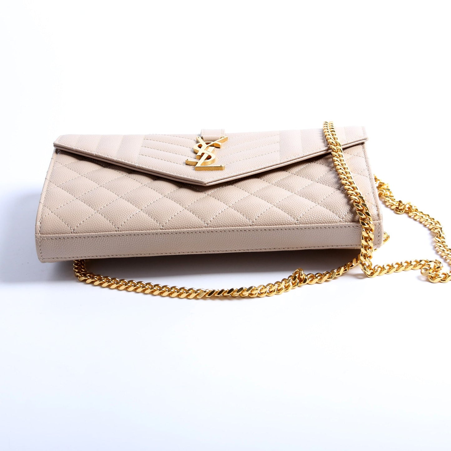 Saint Laurent Triquilt Grain De Poudre Chain Wallet 620280 Tan Bag