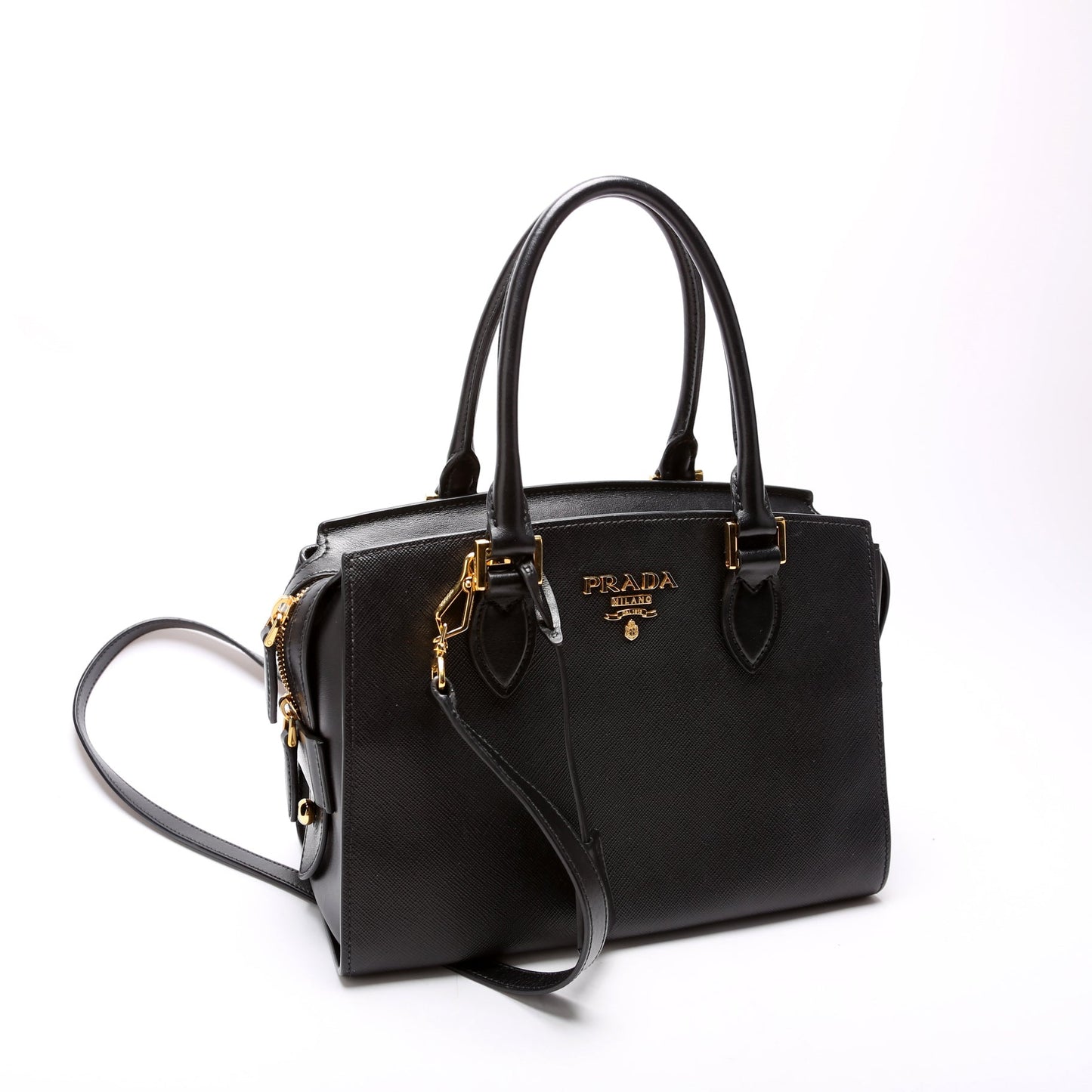 Prada 1BA164 Saffiano/Soft Calfskin Small Top Handle Black Bag
