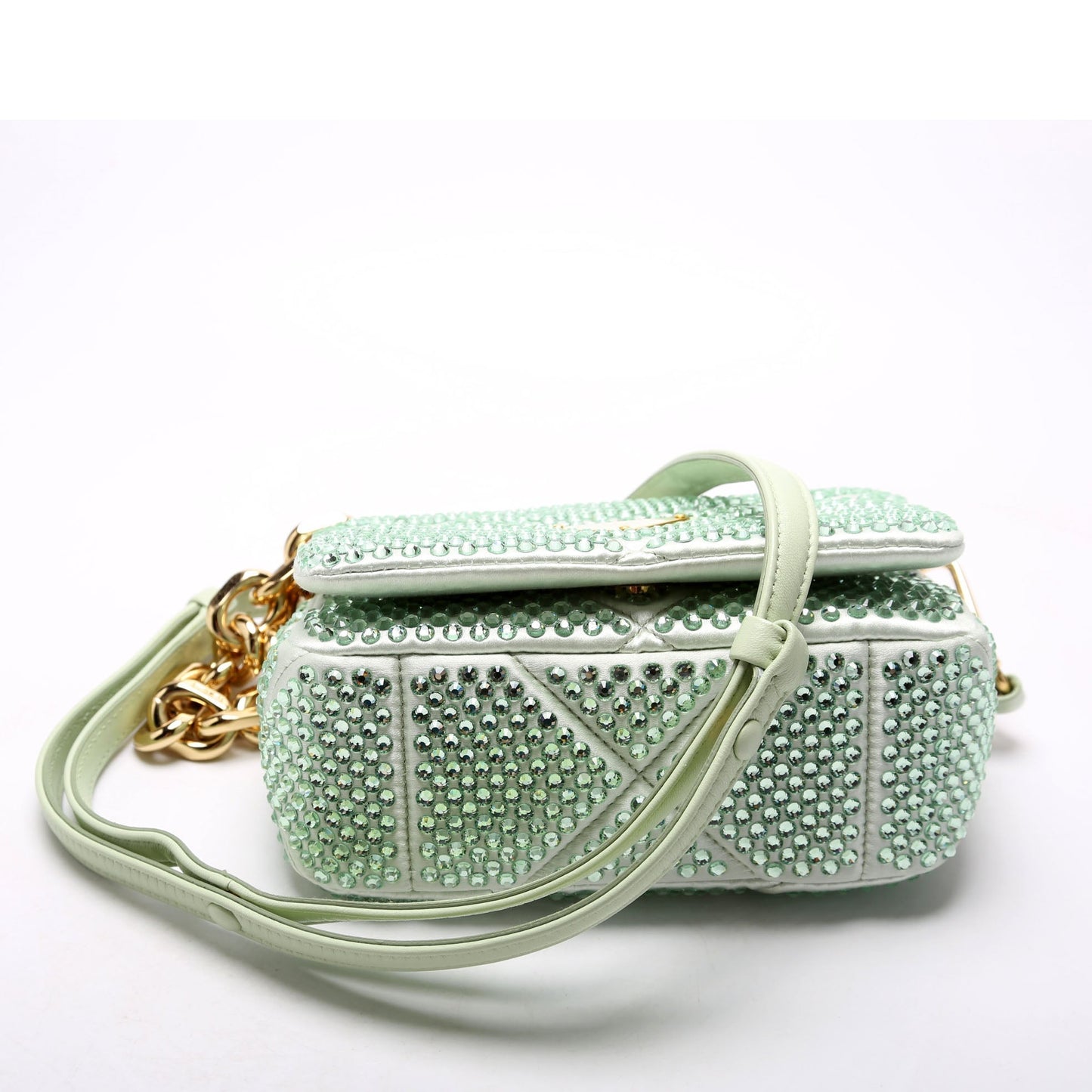 Prada Triangle Logo Crystal Shoulder Green Bag