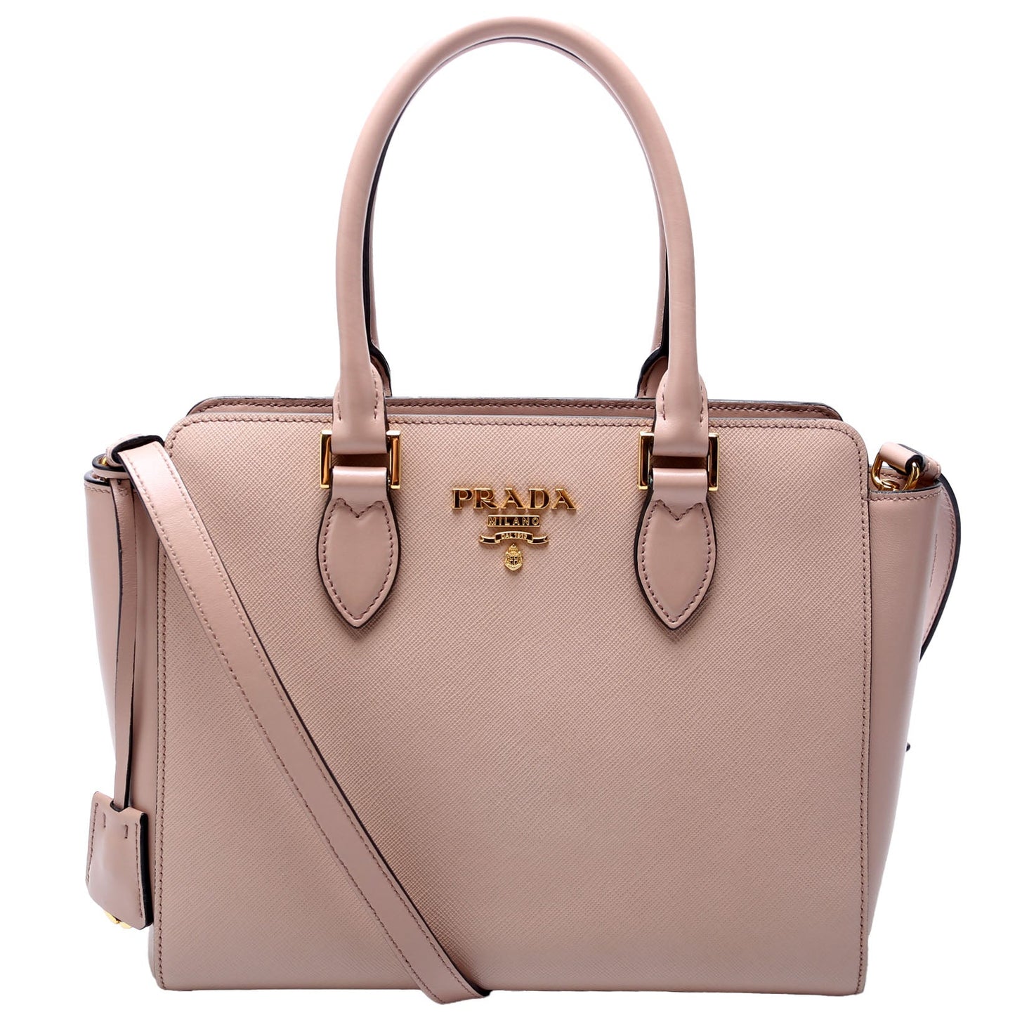 Prada 1BA113 Saffiano/Calfskin Top Handle Tan Bag