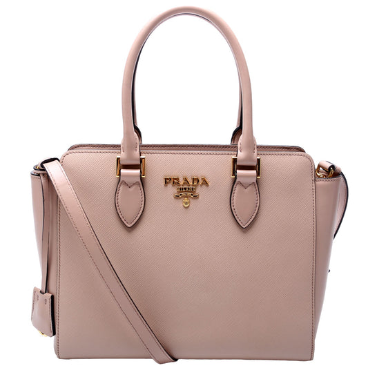 Prada 1BA113 Saffiano/Calfskin Top Handle Tan Bag