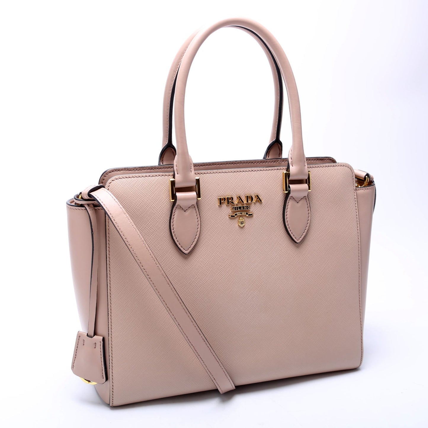 Prada 1BA113 Saffiano/Calfskin Top Handle Tan Bag
