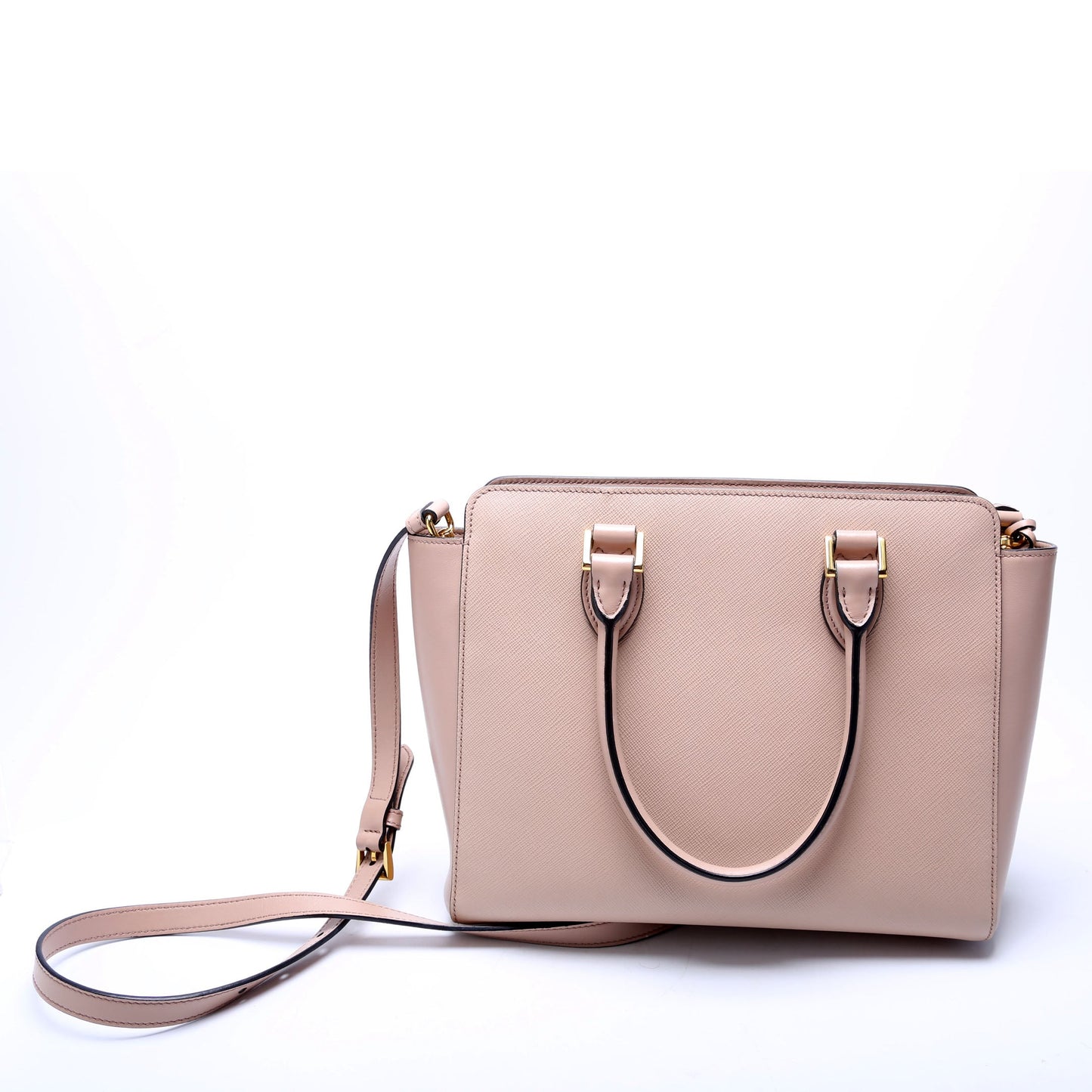 Prada 1BA113 Saffiano/Calfskin Top Handle Tan Bag