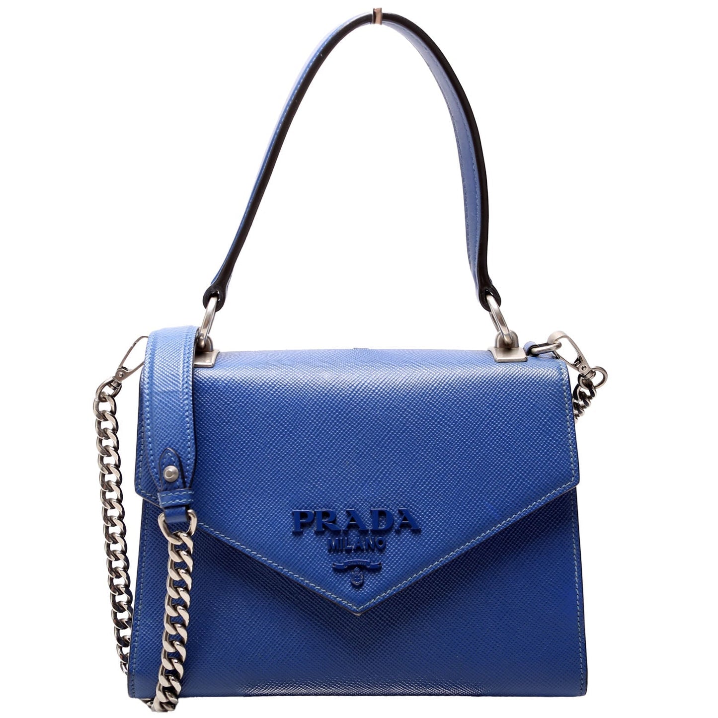 Prada 1BA186 Saffiano Monochrome Logo Top Handle Blue Bag