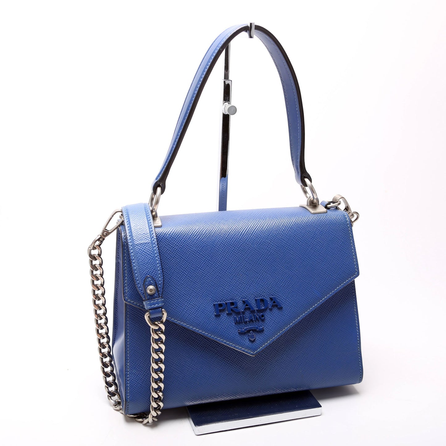 Prada 1BA186 Saffiano Monochrome Logo Top Handle Blue Bag