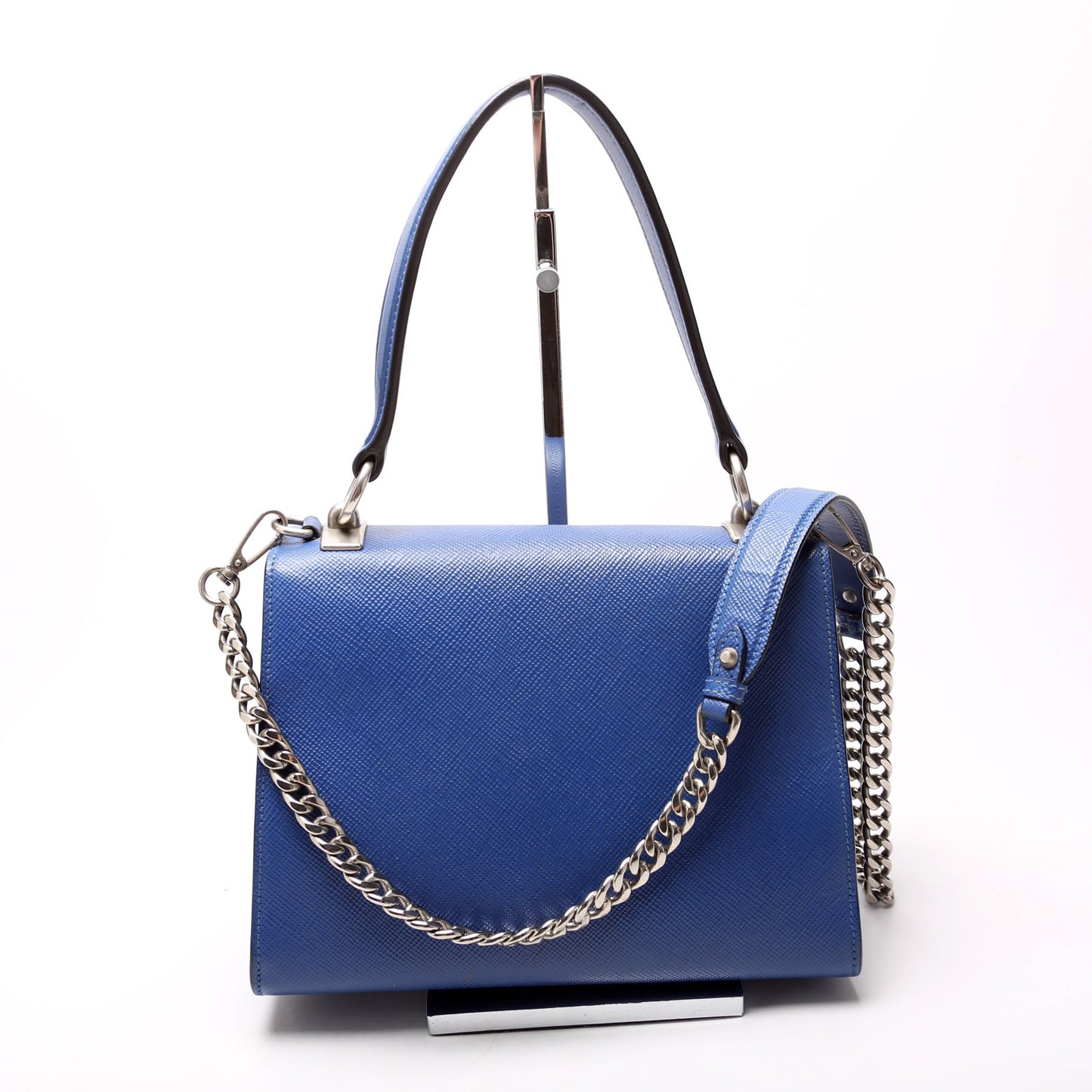 Prada 1BA186 Saffiano Monochrome Logo Top Handle Blue Bag