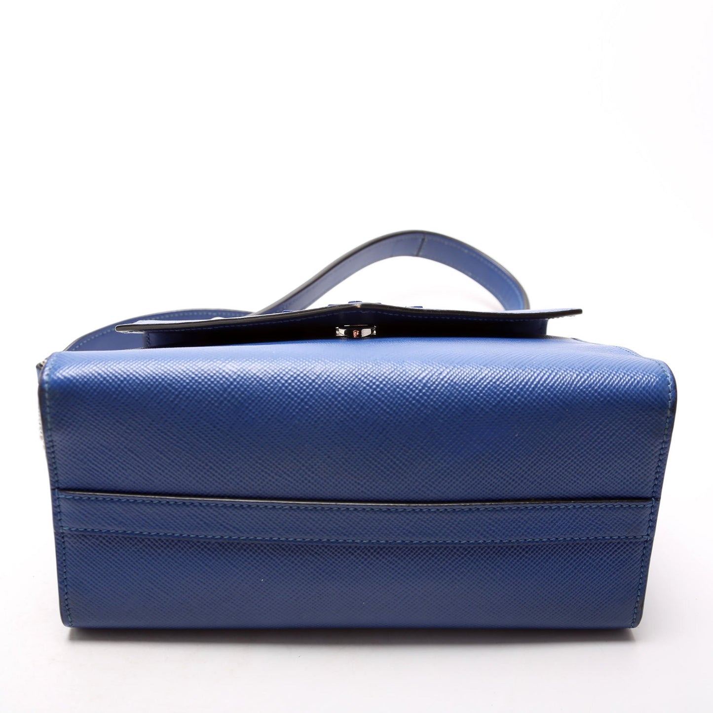 Prada 1BA186 Saffiano Monochrome Logo Top Handle Blue Bag