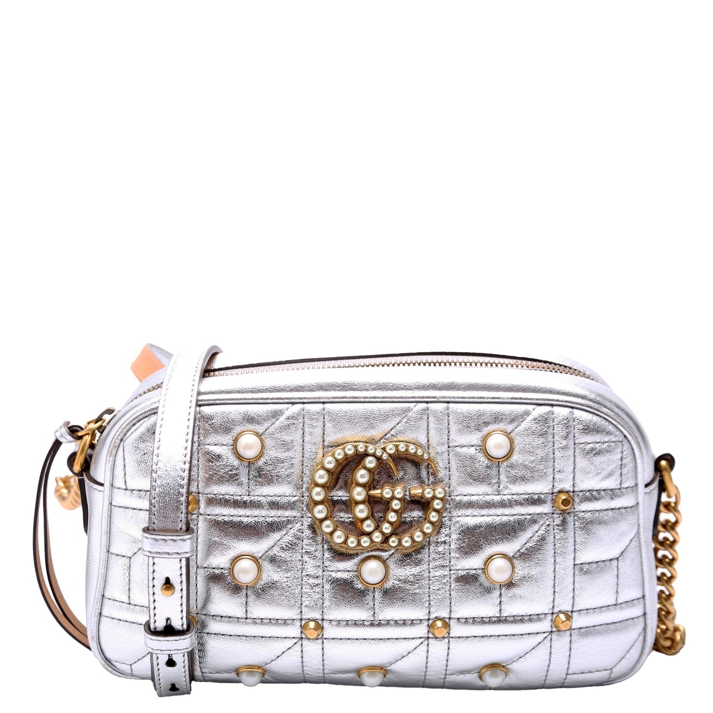 Gucci 447632 Marmont Small Leather/Pearl Camera Silver Bag