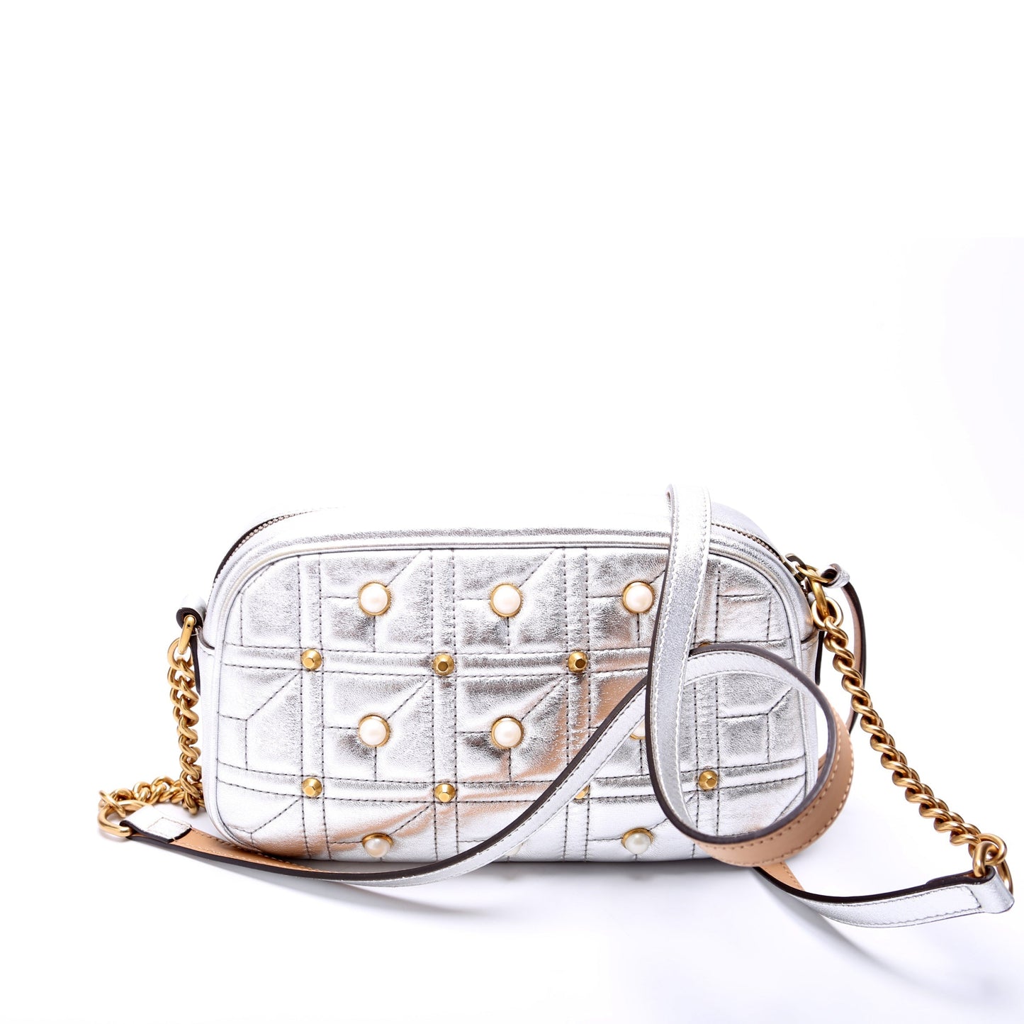 Gucci 447632 Marmont Small Leather/Pearl Camera Silver Bag
